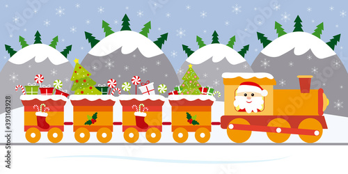 Christmas train with Santa Claus and gifts.