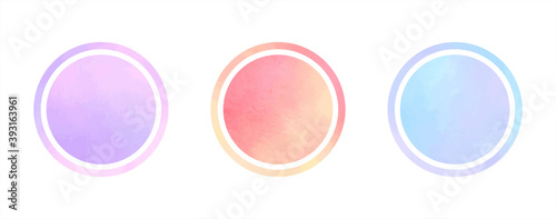 Colorful watercolor vector circles, ring shapes, round thin frames set. Gradient light blue, lilac, pink watercolour stains texture. Hand drawn painted graphic design elements, text backgrounds.