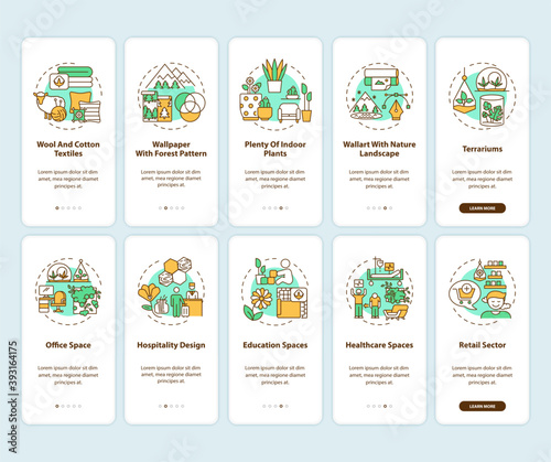 Biophilia onboarding mobile app page screen with concepts set. Natural materials. Healthy indoor environment walkthrough 5 steps graphic instructions. UI vector template with RGB color illustrations