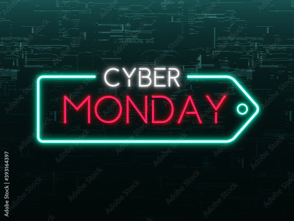 Cyber Monday arrow neon sign on futuristic concept dark green metallic background	
