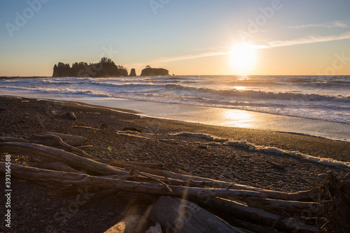Beautiful landscape of Rialto Beach at sunset in Olympic National Park (Washington).