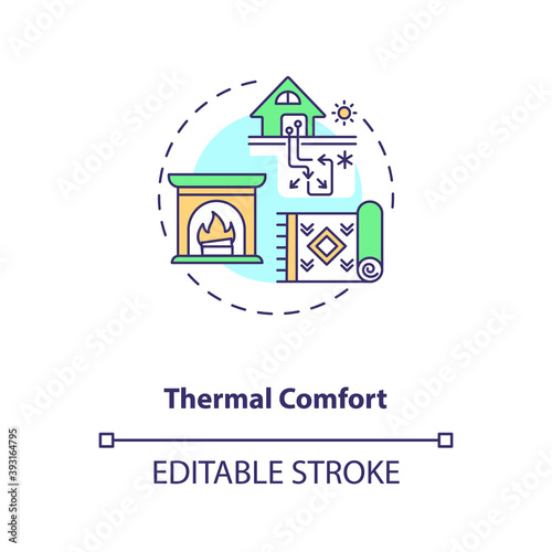 Thermal comfort concept icon. Temperature at home. House conditioning. Heat control in living space. Biophilia idea thin line illustration. Vector isolated outline RGB color drawing. Editable stroke