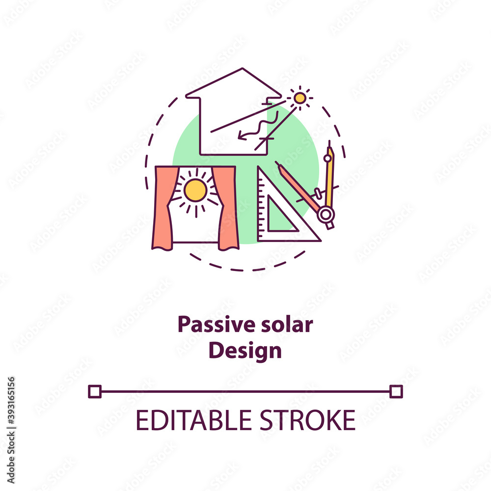 Passive solar design concept icon. Exposure to direct sunlight. Living space at home. Biophilia idea thin line illustration. Vector isolated outline RGB color drawing. Editable stroke