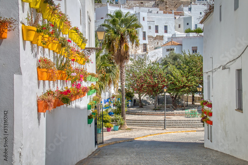 Fototapeta Naklejka Na Ścianę i Meble -  Colorful flower pots decorate the facades of houses in Vejer de la Frontera, a beautiful white town in the province of Cadiz, in Andalusia, southern Spain.
