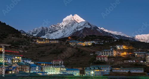 Scenic view of Namche Bazaar town during sunrise photo