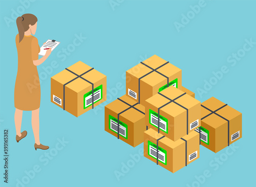 Woman with clipboard checking parcels in list, orders, send to customer. Delivery of goods, products. Cardboxes with stickers, labels, international packages. Boxes on stock. Isometric 3d illustration