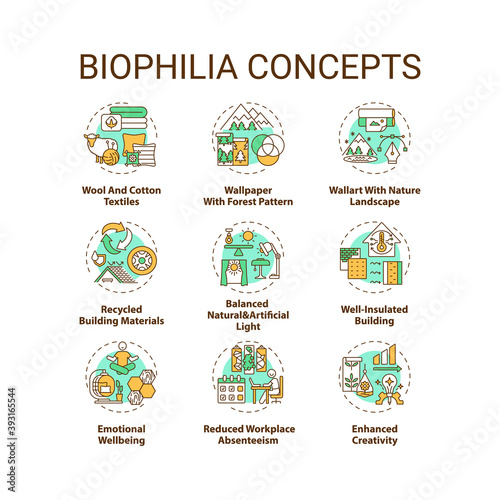 Biophilia concept icons set. Productivity in office. Emotional wellness. Indoor environment for healthy living idea thin line RGB color illustrations. Vector isolated outline drawings. Editable stroke