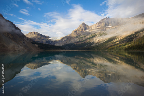 Scenic view of Bow Peak reflecting in Bow Lake in Banff National Park