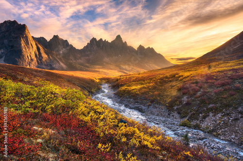 Scenic view of colorful tundra with Tombstone Mountain and Ogilvie Mountains during sunset photo