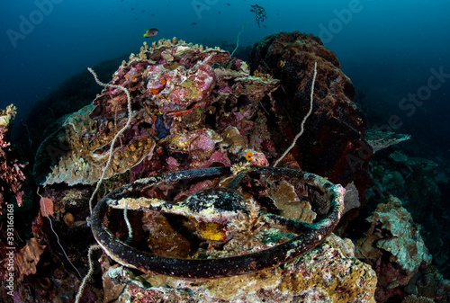 View of old truck submerged in sea
