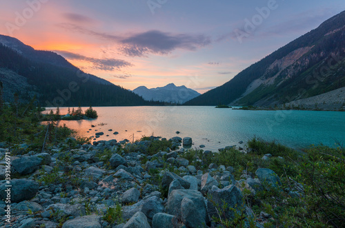 Scenic view of Joffre Lake during sunset in Joffre Lakes Provincial Park