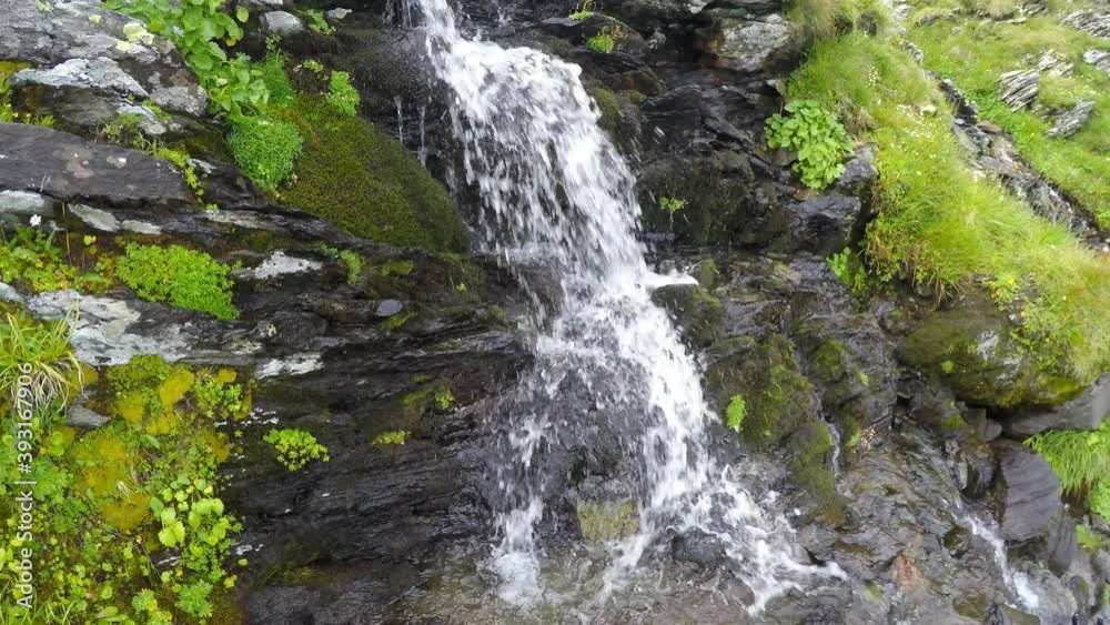 Mountain spring stream, clear water flowing on rocks Mountain spring stream, clear water flowing on rocks