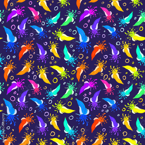 Seamless pattern with hand drawing flying bananas. Fresh juice splash. Isolated on dark background.