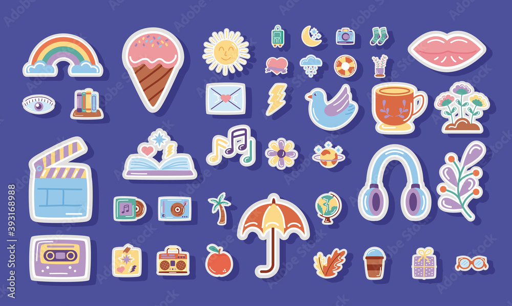 bundle of stickers set icons in blue background