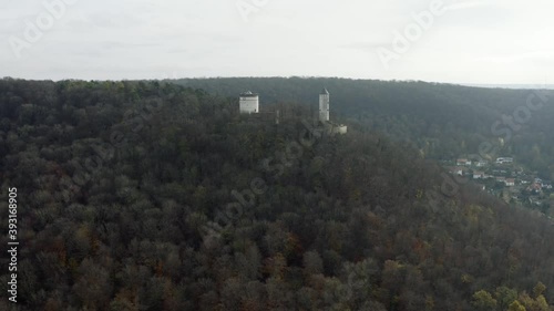 The fairytale castle burg Plesse in Bovenden near Göttingen Goettingen at sunrise, Lower Saxony, Germany. Drone aerial shot of the Plesseburg in late autumn. photo