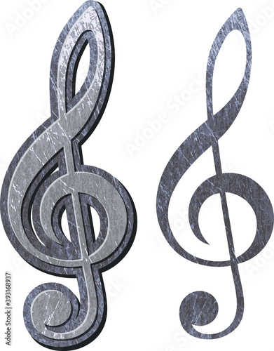 treble clef in scratched shiny metal for heavy music isolated on white background