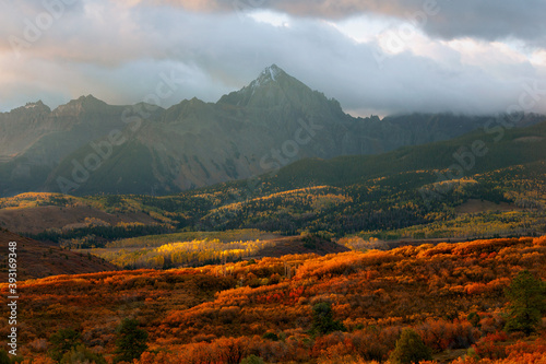 Vibrant fall sunrise scene in Colorado of Mount Sneffels. Autumn colors, mountain scene, sunrise.  