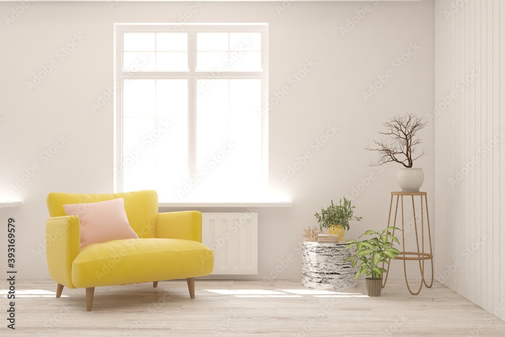 Fototapeta premium White living room with armchair. Scandinavian interior design. 3D illustration