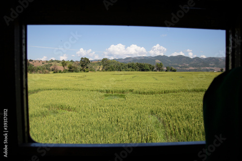 View from  scenic train of green rice terraces under blue sky, Myanmar photo
