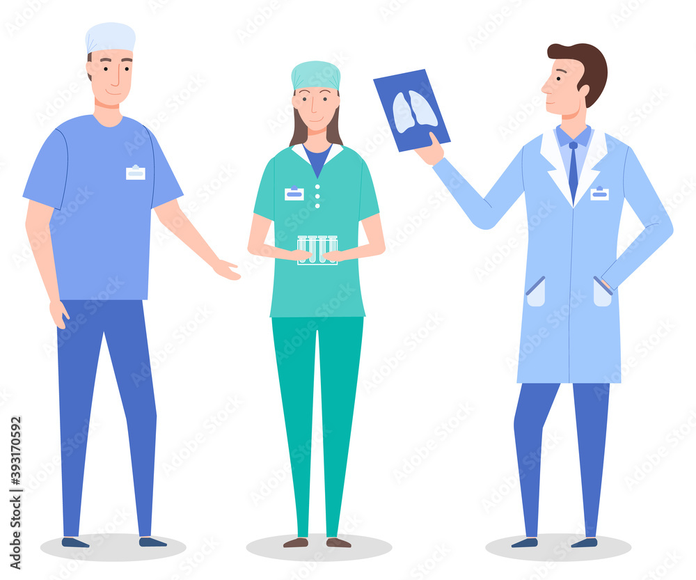Set cartoon characters of medical staff, workers. Healthcare medicine concept. Surgeon wearing medical suit, laboratory assistant or nurse with tubes, radiologist holding fluorography of lungs