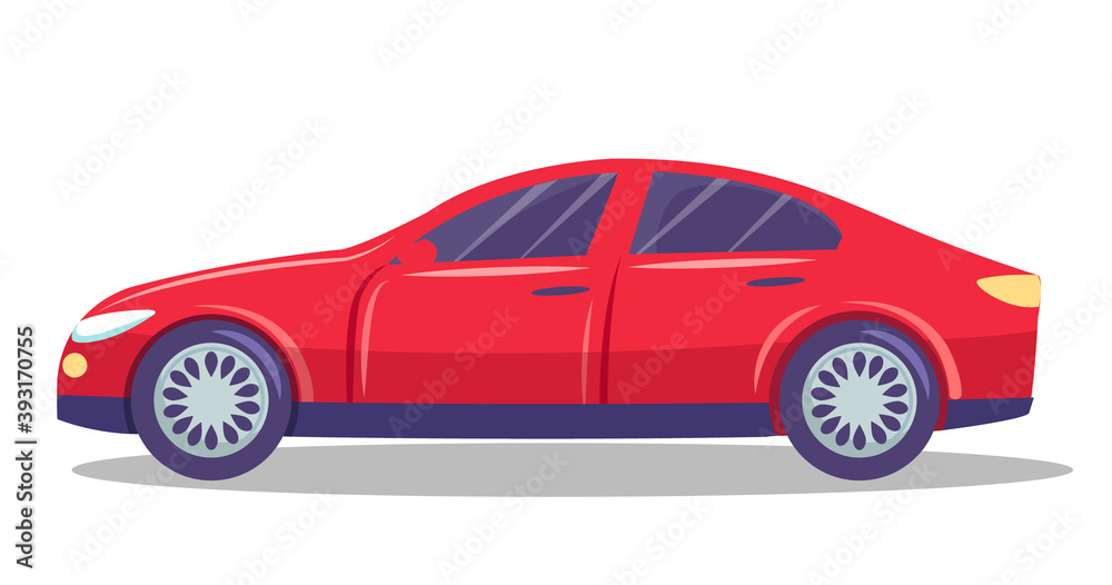 Isolated red modern automobile with two doors for quickly moving. Vehicle of everyday using transport. Transportation, taxi. Comfortable auto for driving. Sedan or hatchback auto with tinted windows