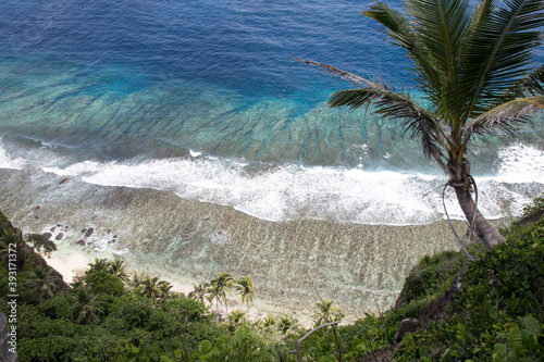 High angle view of fringing reef and shoreline with palm trees photo