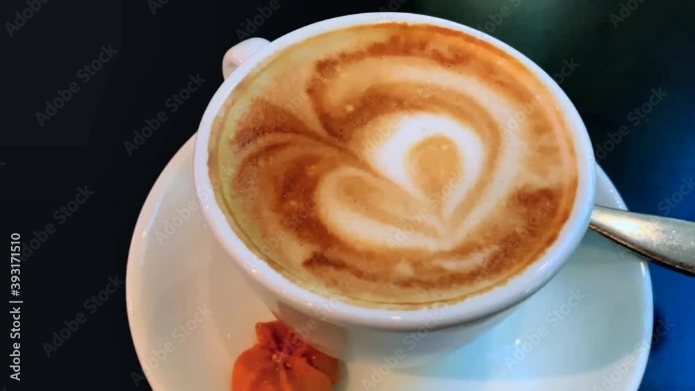 White cups of coffee on black background, selective focus. Breakfast concept. 4K White cups of coffee on black background, selective focus. Breakfast concept. 4K