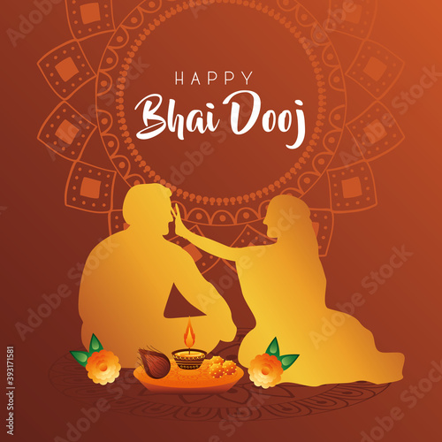 happy bhai dooj celebration card with brother and sister golden silhouette