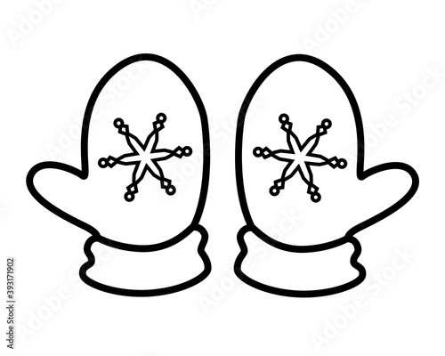 Mittens - vector linear picture for coloring. A pair of mittens with snowflakes - a doodle or an icon with warm clothes. Outline. Children's winter gloves.