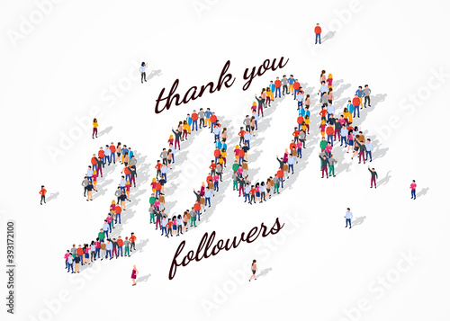 200K Followers. Group of business people are gathered together in the shape of 200000 word, for web page, banner, presentation, social media, Crowd of little people. Teamwork. Vector illustration