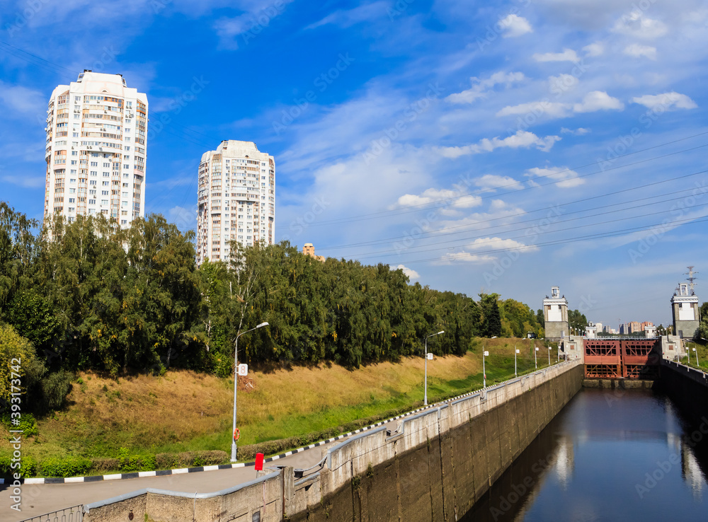 Gateway number 7 of the Channel named after Moscow in the Pokrovskoe-Streshnevo (Tushino) district of Moscow. View of river lock on the Moscow