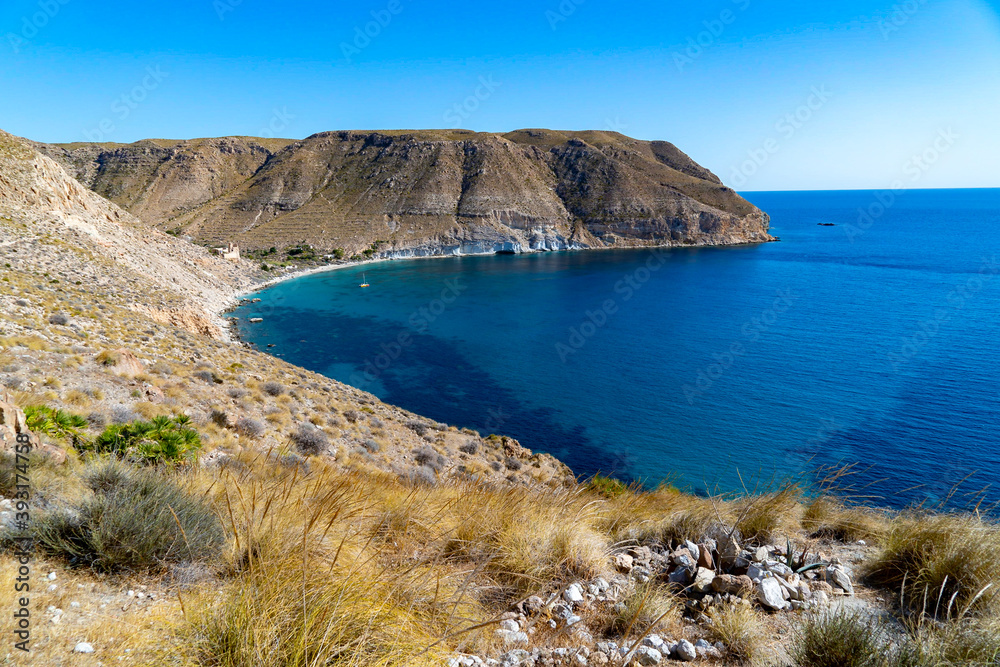 Fototapeta premium Las Negras bay with its white pueblo tucked amidst volcanic rocks