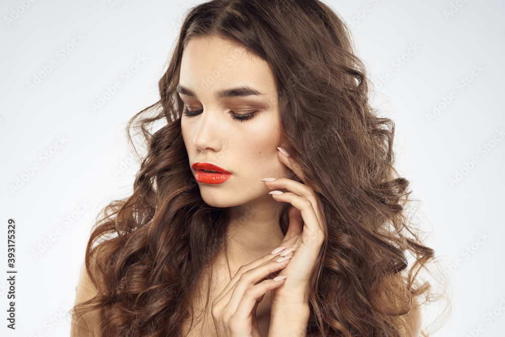 Elegant woman with bare shoulders red lips glamor attractive look cropped look Elegant woman with bare shoulders red lips glamor attractive look cropped look