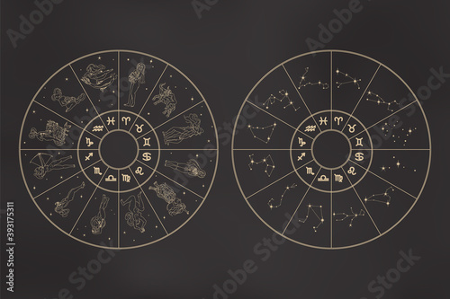Zodiac wheels set. Circles with zodiac signs as girls, glyphs, constellations. Astrological concept in outline style isolated on black gradient. Vintage vector illustration for logo, print, tattoo