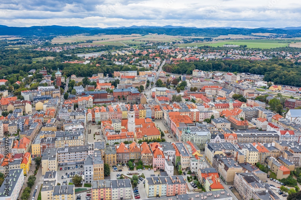 Aerial drone of Swidnica city center and old town. Swidnica, Lower Silesia, Poland