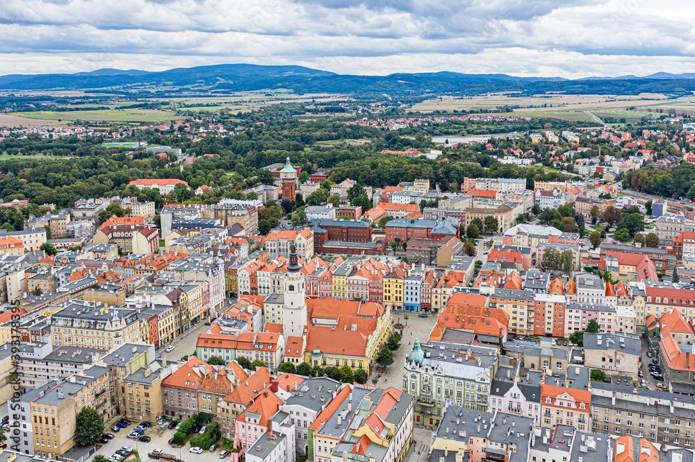 Aerial drone of Swidnica city center and old town. Swidnica, Lower Silesia, Poland