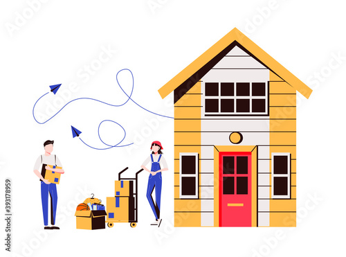 Happy Family Moving into New House. Mother, Father and Little Son Carry Boxes and Things to Home. People Buying Real Estate Apartments for Living, 