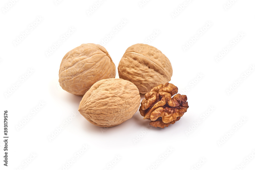 Walnuts with kernel, isolated on white background Walnuts with kernel, isolated on white background