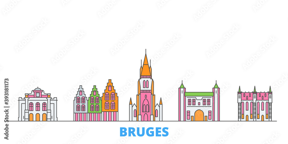 Fototapeta premium Belgium, Bruges cityscape line vector. Travel flat city landmark, oultine illustration, line world icons