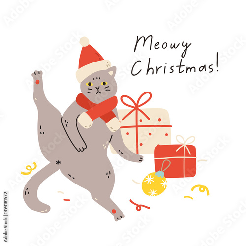 Merry Christmas and Happy New Year! Vector illustration of British shorthair cat in Christmas outfit and gifts in modern cartoon style. Design elements for winter holidays card, banner or poster.