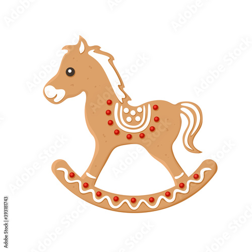 Horse gingerbread isolated on white background. Christmas cookies with sugar icing. Vector illustration of festive baking in cartoon flat style. Decoration for christmas tree.