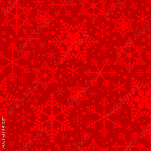 Christmas background seamless pattern with snowflakes and stars. Red background. Christmas wrapping paper, ornaments
