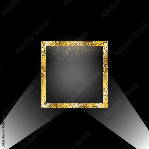 coming soon. Gold abstract frame with falling confetti and bright light on a dark background.