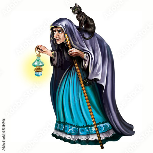 old witch with black cat