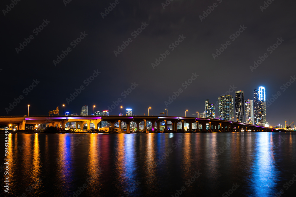 Miami city night. Miami, Florida, USA downtown skyline.