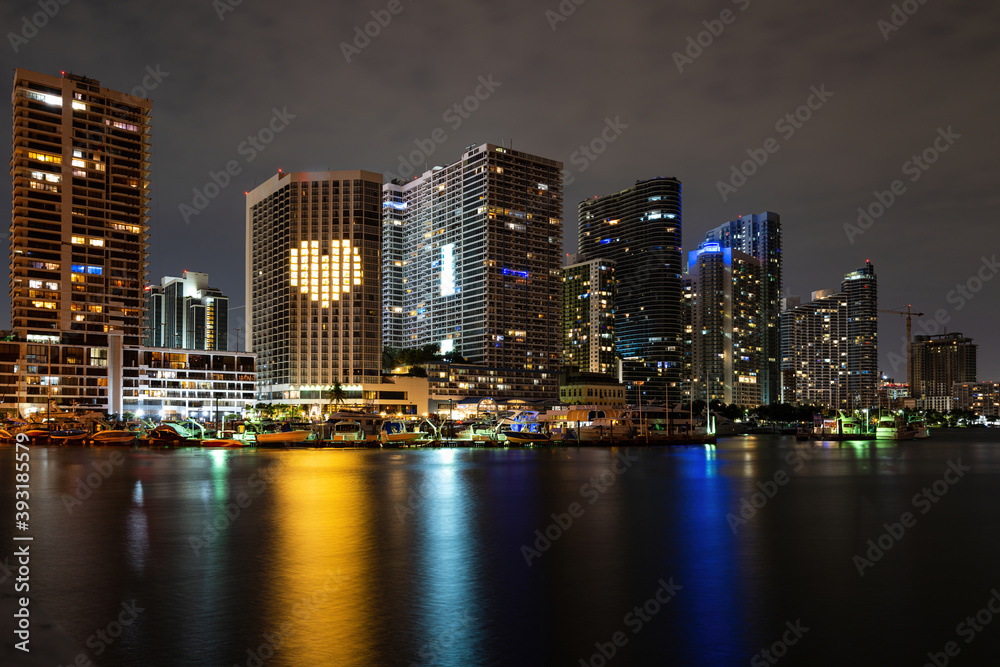 Miami city night. Bayside Miami Downtown MacArthur Causeway from Venetian Causeway.