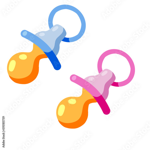 Children dummy. Pacifier set for boy and girl. Kid toy. Nipple for newborns. Flat cartoon illustration