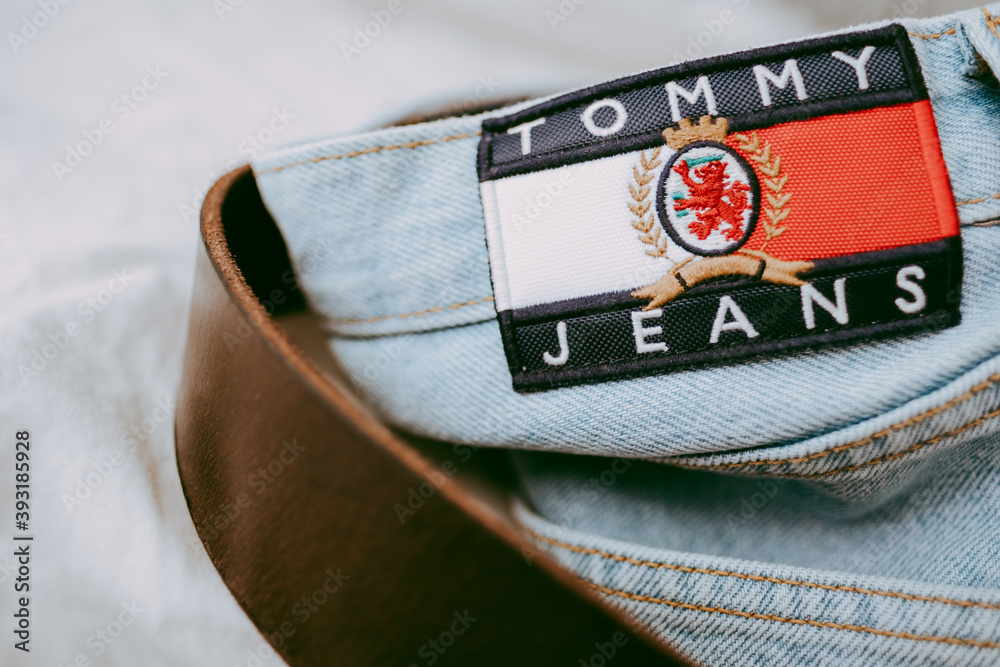 Closeup of Tommy Hilfiger label on blue jeans. Hilfiger Denim. Tommy  Hilfiger blue jeans detail. Rostov-on-Don, Russia. 29 June 2019 Stock Photo  | Adobe Stock