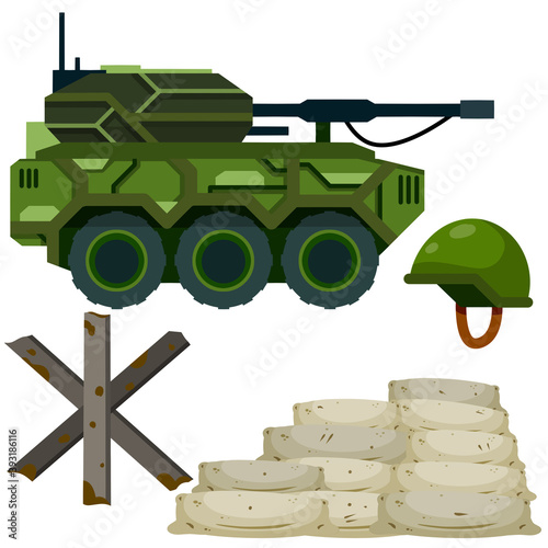 Military facility. Army base. Barricade, firing point. Shelter and tank. Modern weapons and equipment. Protective helmet. Flat cartoon