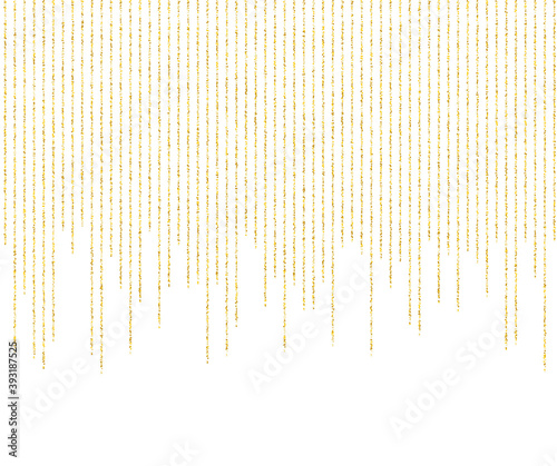 Gold glitter garlands hanging background vector illustration. Golden dust elements falling down, flying circle confetti lines. Premium sparkle dots, round tinsels celebration graphic design.